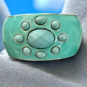 Turquoise Blue & Silver Wide Enamel Bangle Bracelet - NEW